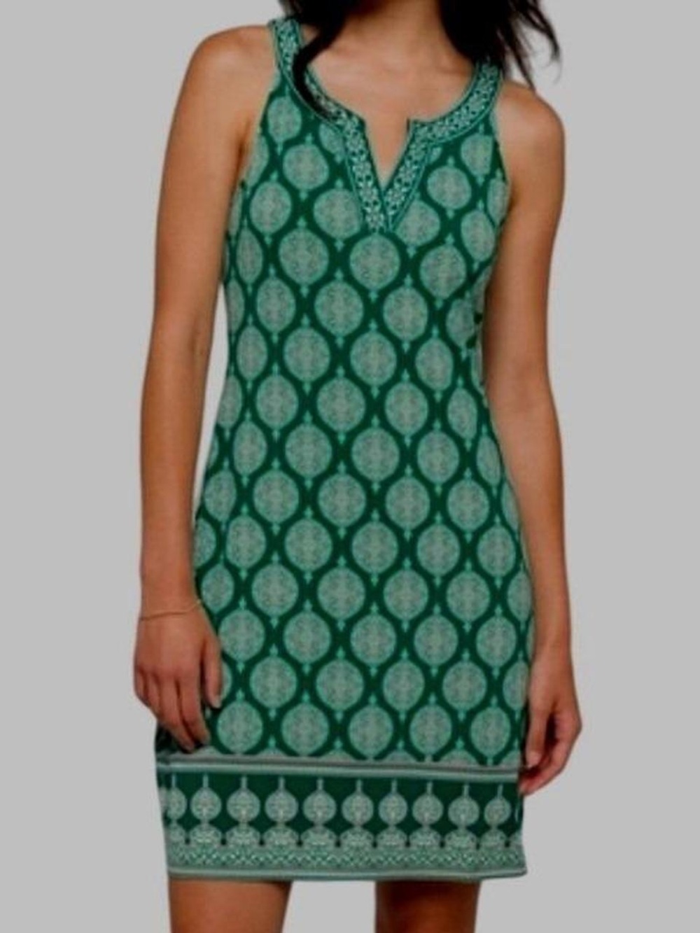 Green Printed Sleeveless Notch-Neck Mini Dress